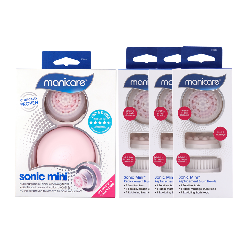 Manicare Sonic Mini Facial Cleanser & Replacement Brush Heads 3pk bundle