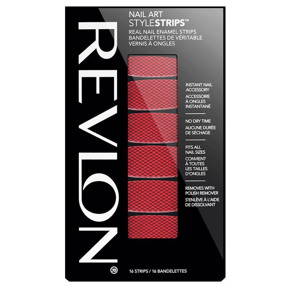 Revlon Nail Art Style Strips FLAMING FISHNETS nail polish design in bright red and black fishnet pattern