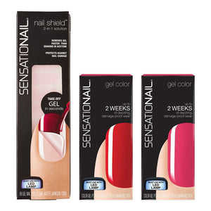 Sensationail Color Gel Polish 7.39ml 71591 PINK DAISY + 71593 SCARLET RED + GEL NAIL SHIELDS nail polish bottles
