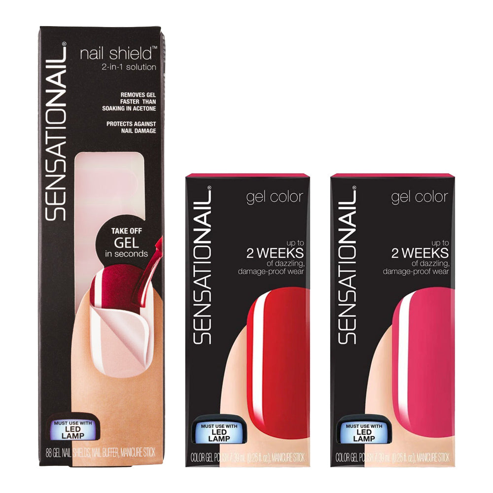 Sensationail Color Gel Polish 7.39ml 71591 PINK DAISY + 71593 SCARLET RED + GEL NAIL SHIELDS nail polish bottles